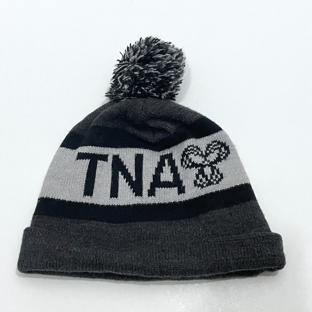 Aritzia TNA Grey Black Knit Logo Beanie Toque Winter Hat with Pom Pom